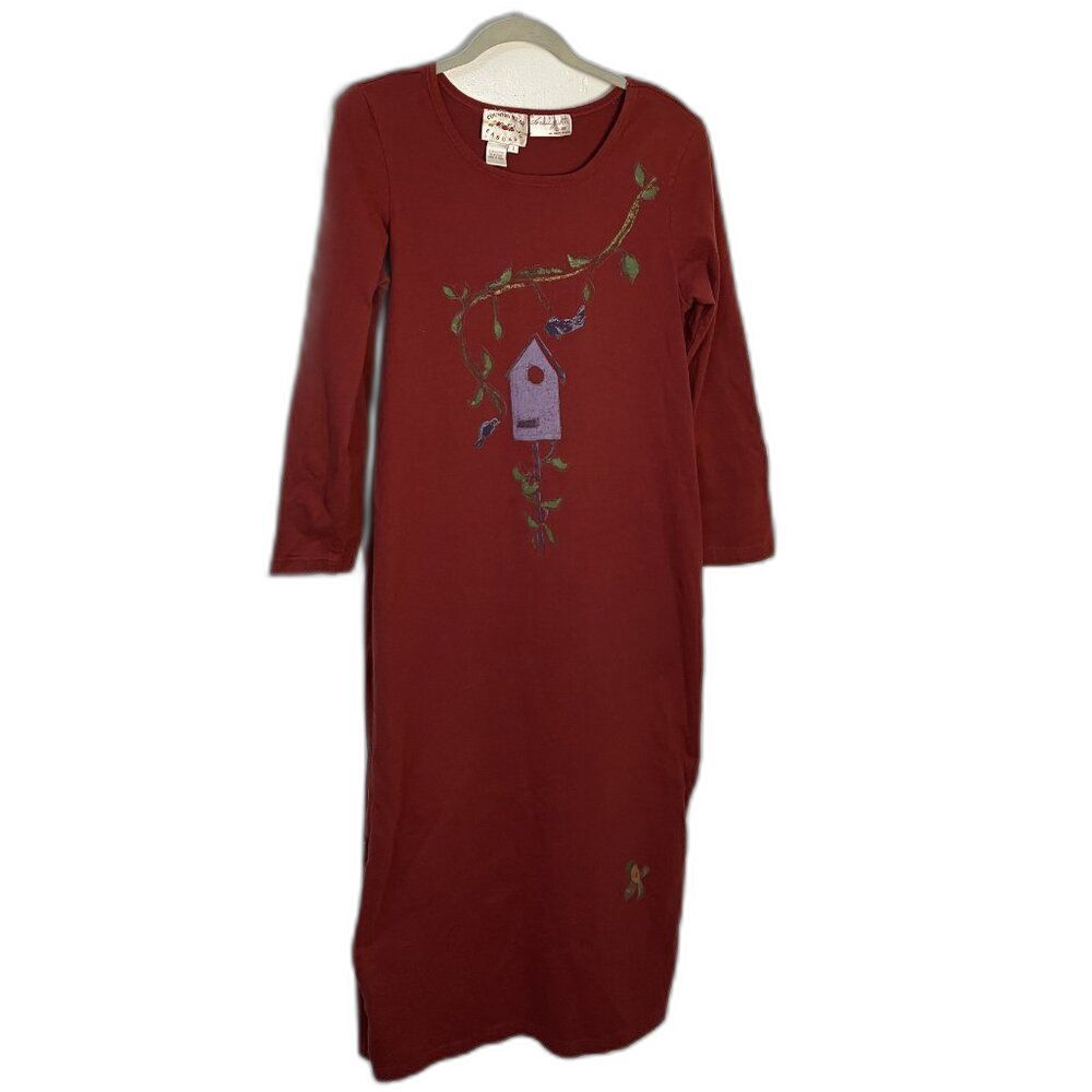 Vintage maxi t-shirt dress with birdhouse design